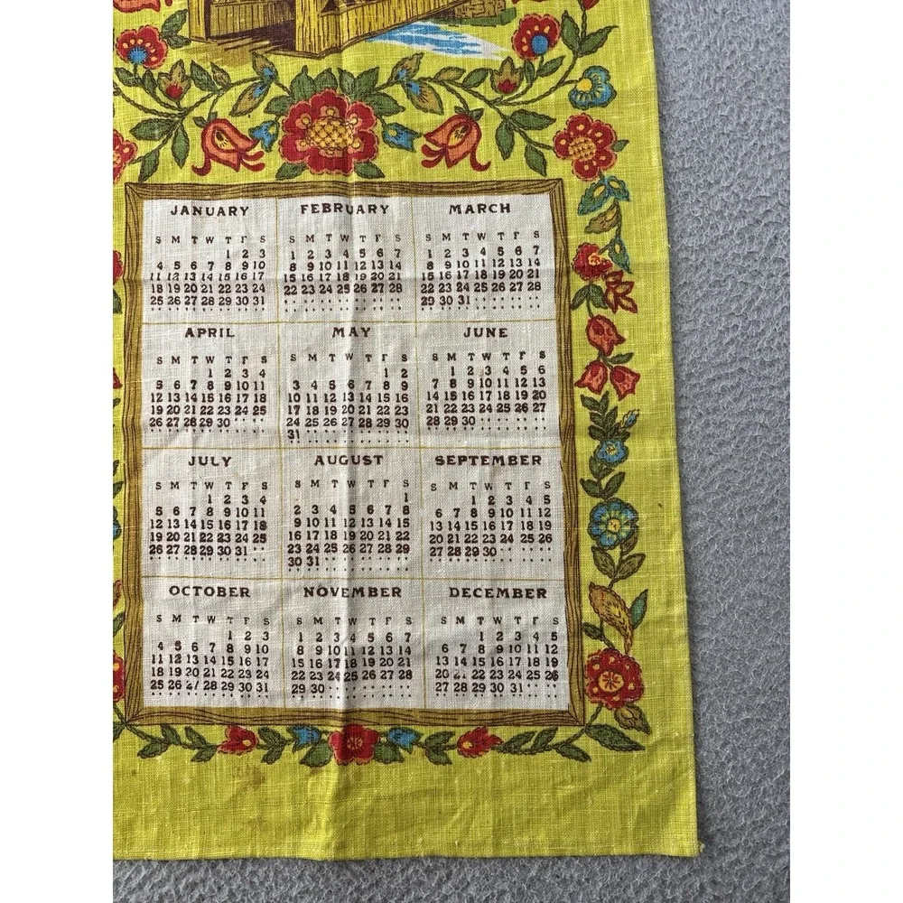 Vintage 1981 Calendar Tea Towel 16x29 Country Cottagecore Floral